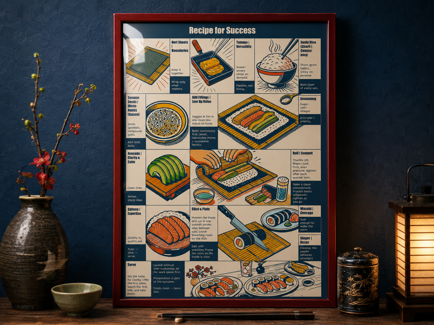 Framed recipe poster for sushi on a dark blue wall with decorative items.