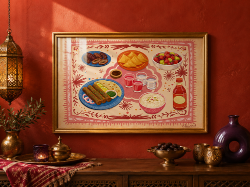 Decorative wall art of a meal scene on a red wall with decorative elements.