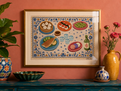 Framed artwork of a Japanese meal on a pink wall with decorative vases and a plant.