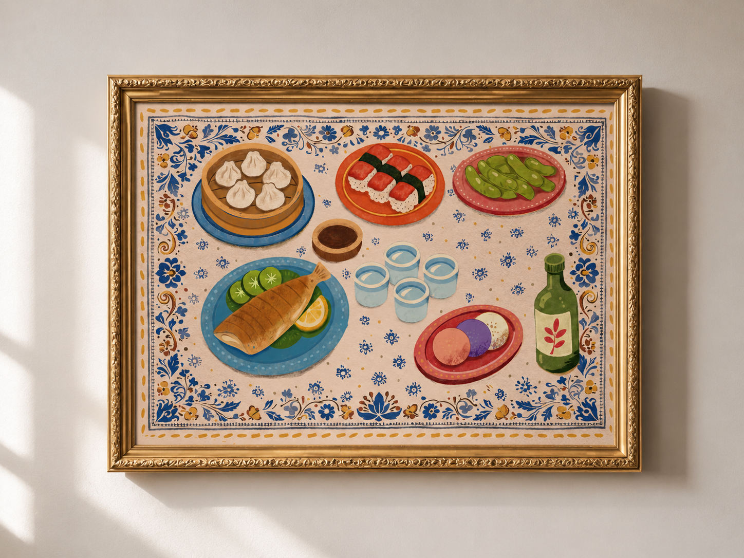 Decorative wall art with illustrations of Japanese cuisine on a floral background